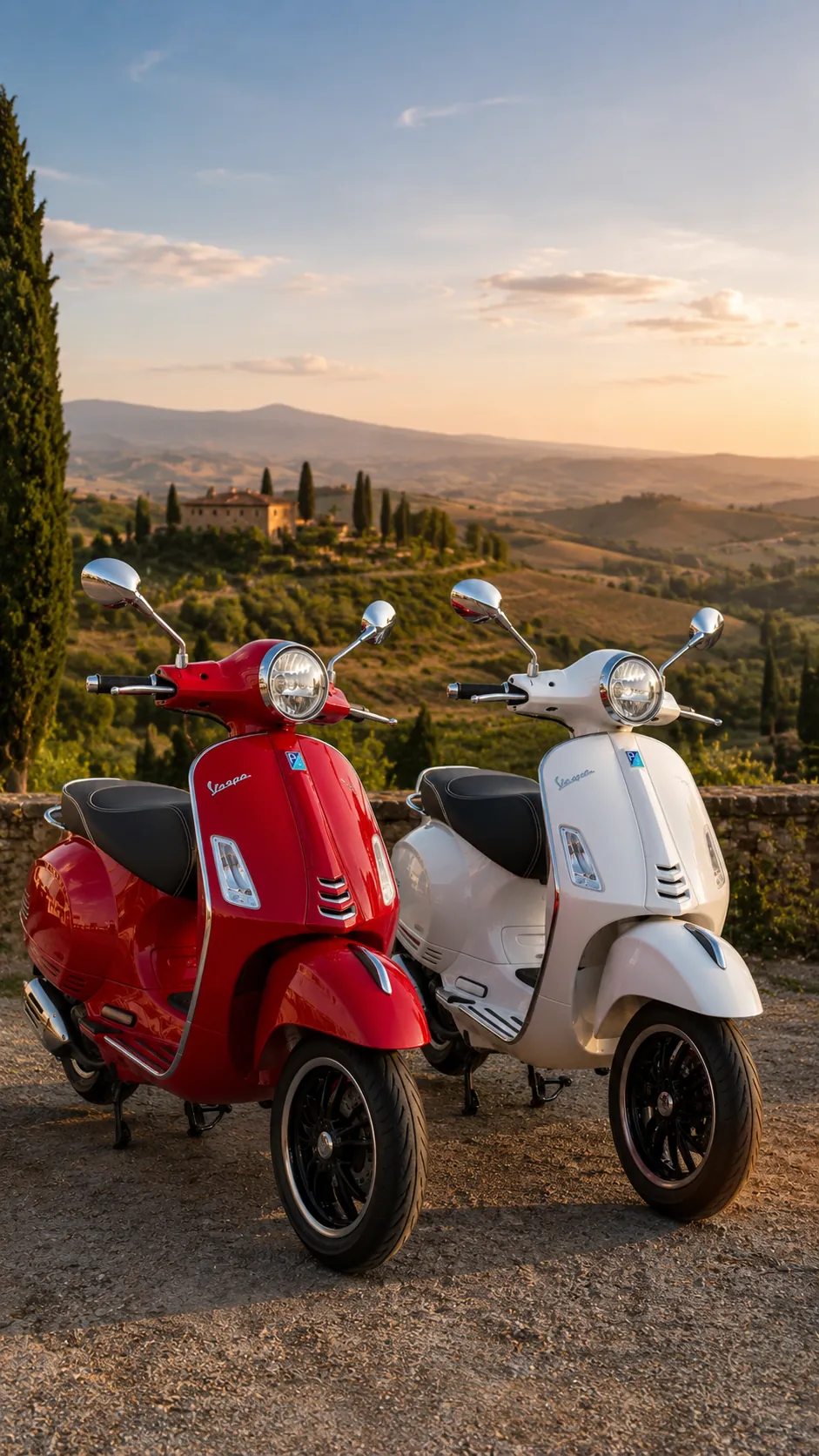 A red and a white Vespa parked overlooking the Tuscan hills